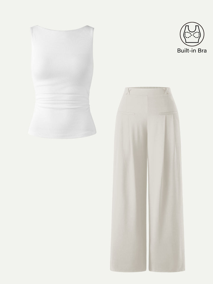 2Pcs Set Open Back Bra Tank & Mid Rise Wide Leg Trouser with Pockets
