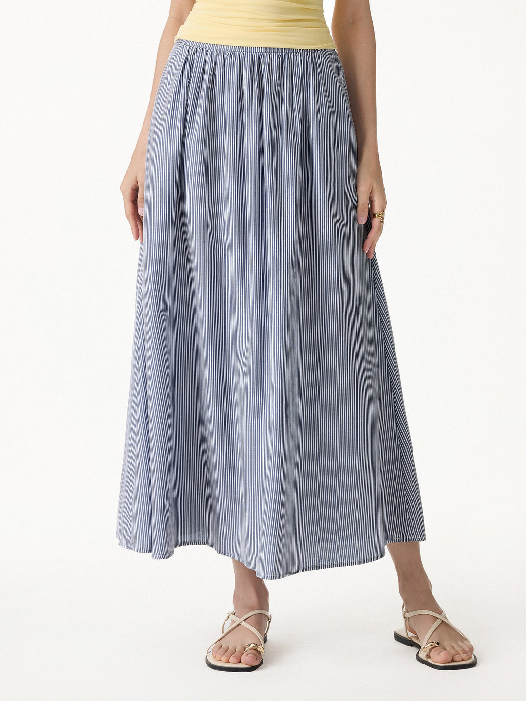 Striped Poplin High Rise Umbrella Midi Skirt with Pockets