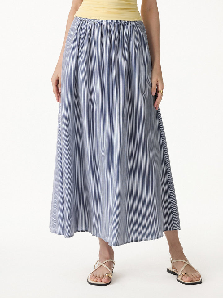 Striped Poplin High Rise Umbrella Midi Skirt with Pockets