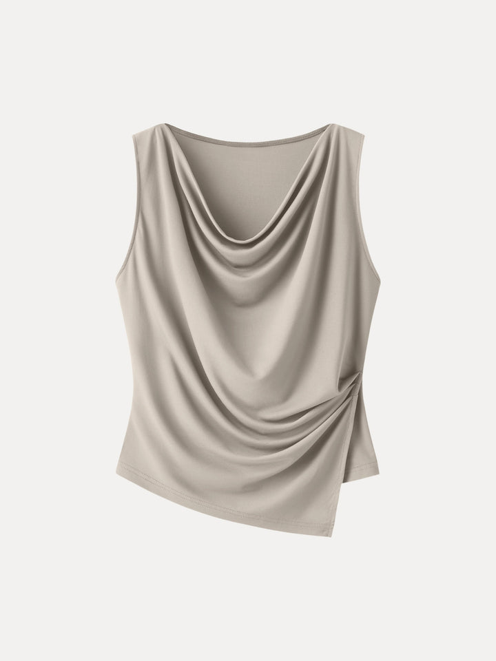 Cowl Neck Asymmetrical Tucked Sleeveless Top