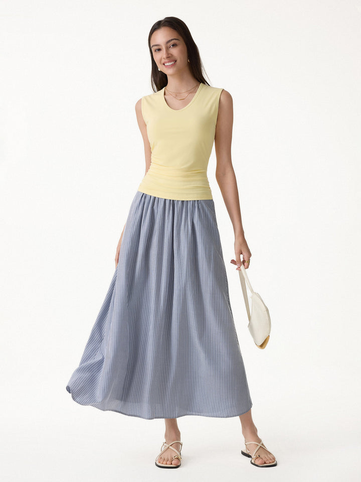 Striped Poplin High Rise Umbrella Midi Skirt with Pockets