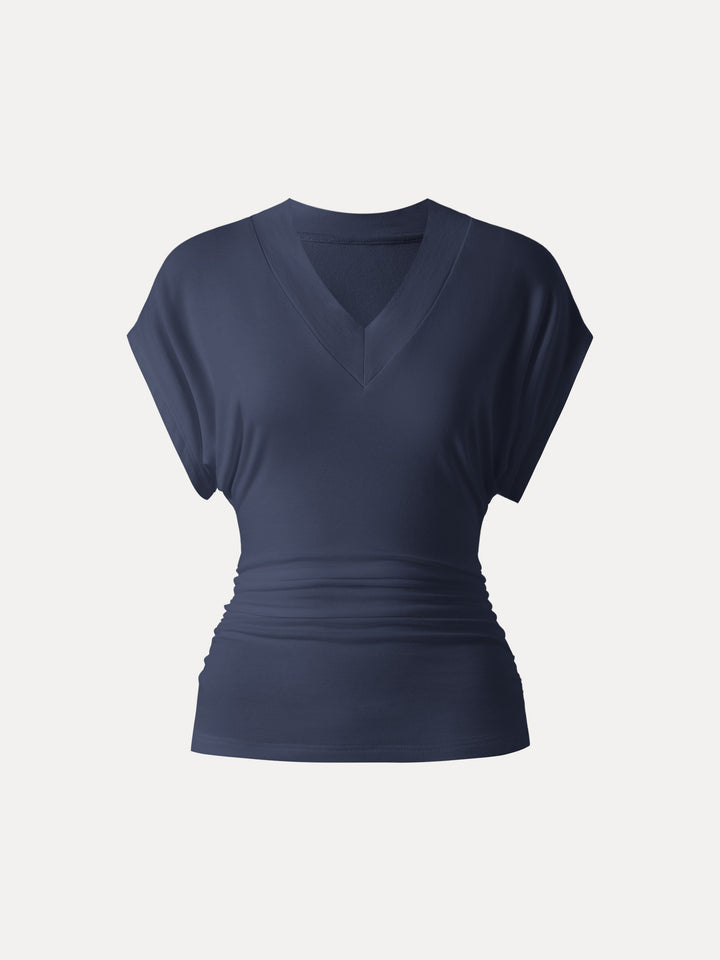 Semi-sheer Lyocell Cashmere Blend V-neck Short Sleeve Side Ruched Tee