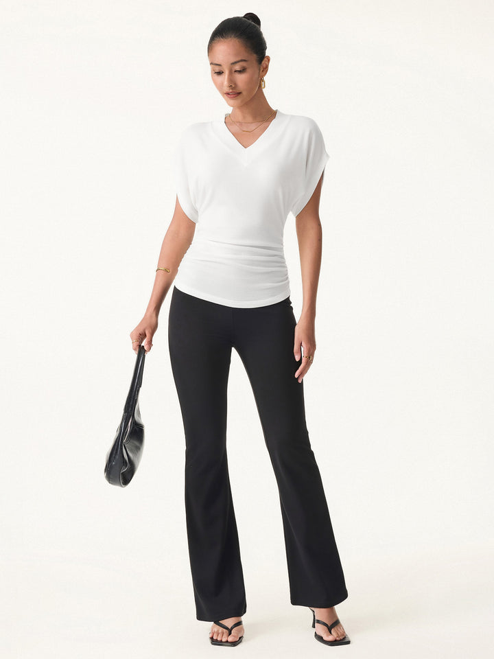 Semi-sheer Lyocell Cashmere Blend V-neck Short Sleeve Side Ruched Tee