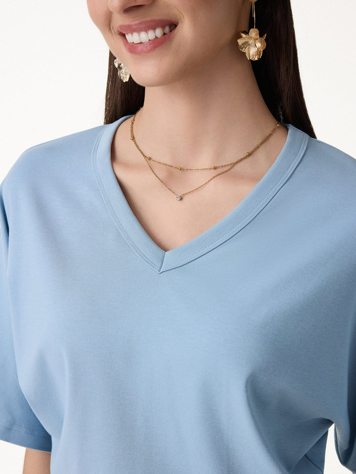 Viscose Cotton V-Neck Waist-Defining Summer Tee