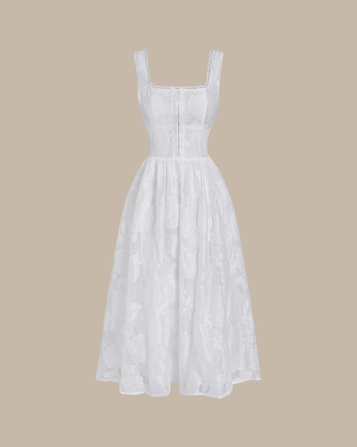 White Jacquard Shirred Slip Midi Dress