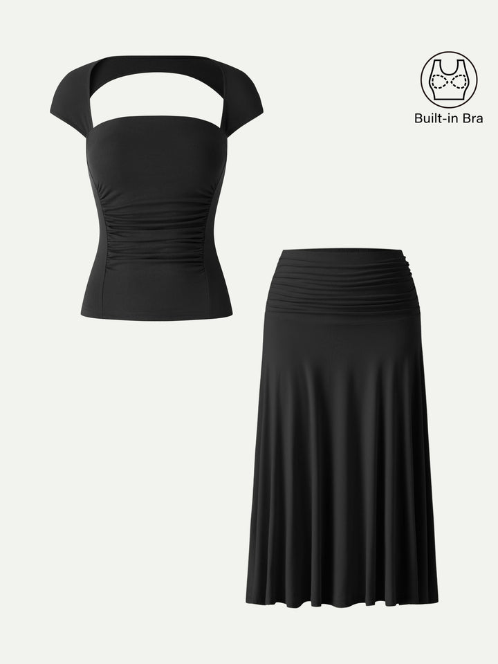 2Pcs Set Square Neck Cutout Back Bra Top & A-line Midi Skirt