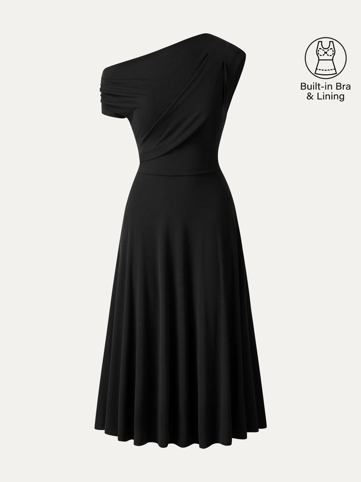 Asymmetrical Shoulder Tucked Midi Bra Dress with Pockets