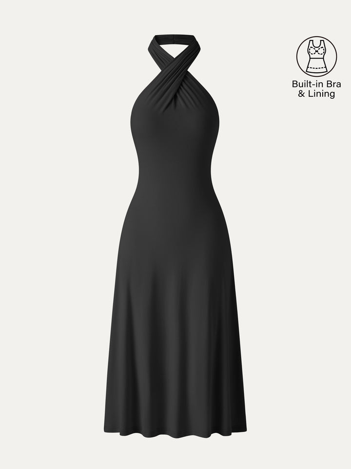 CoolTouch Criss-Cross Halter Open-Back Midi Bra Dress