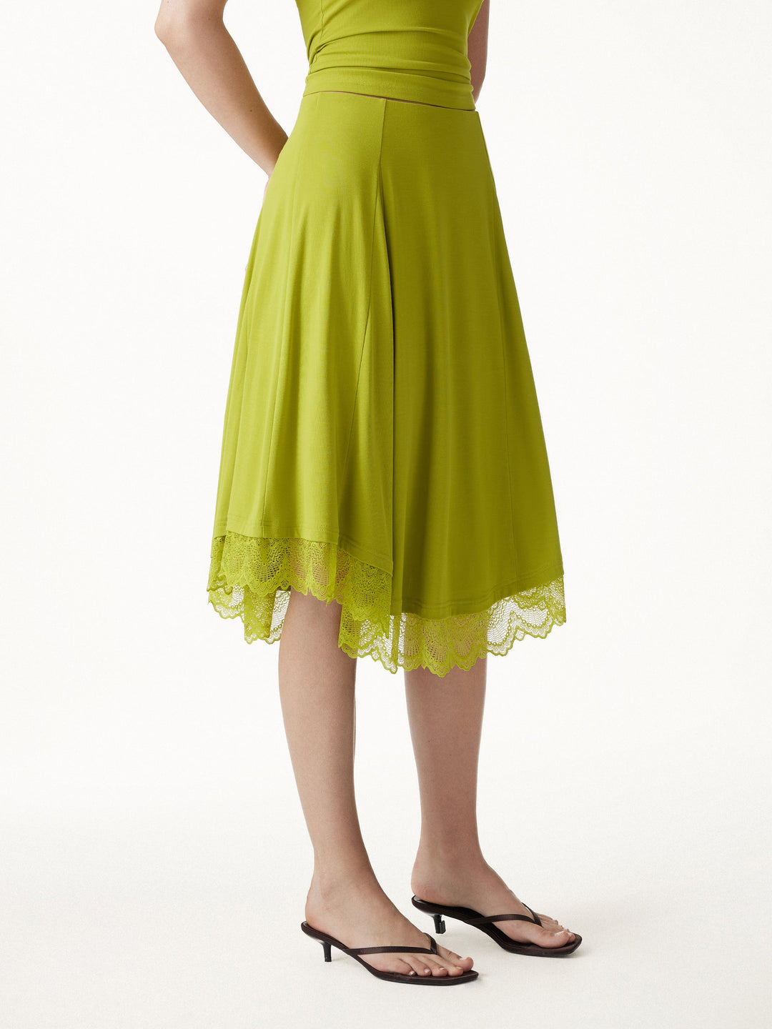 Lace Trim Midi Circle Flare Skirt
