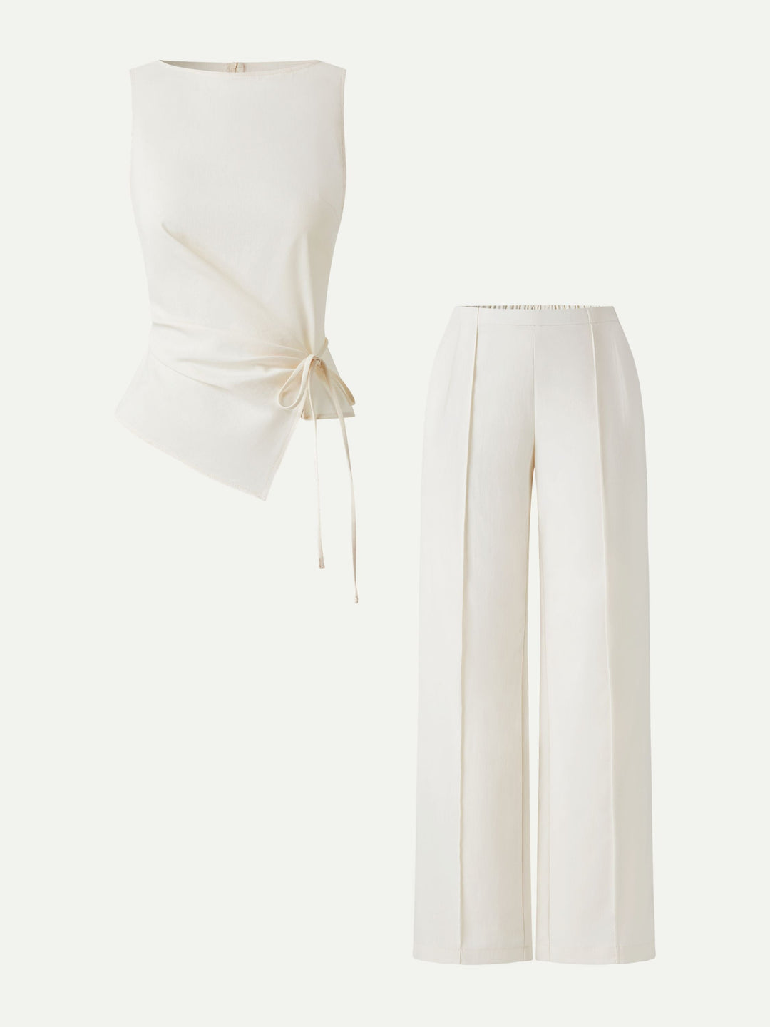 2Pcs Set Boatneck Waist-Defined Top & Pintuck Wide Leg Pant