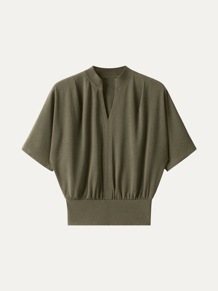 Stand Collar V-Neck Short Sleeve Top