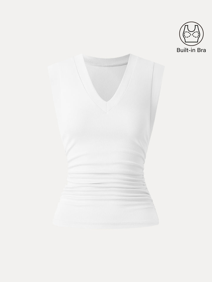 Stretch Cotton V-neck Side Ruched Muscle Bra Top