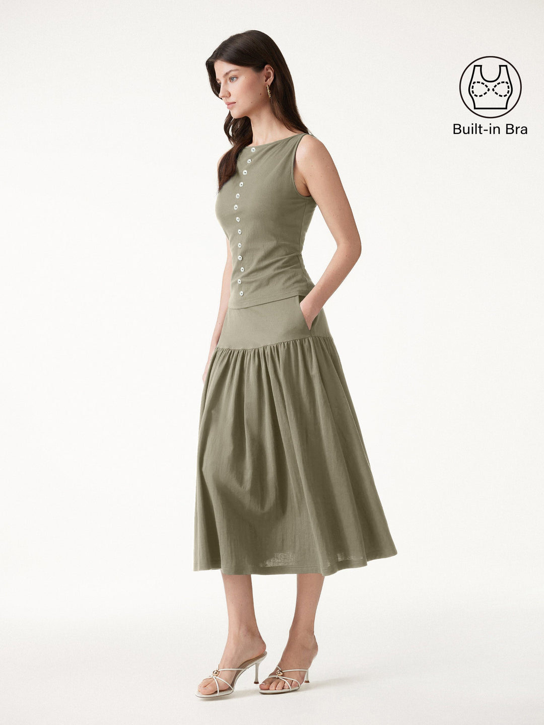 2Pcs Set Cropped Bra Top & Midi Skirt with Pockets