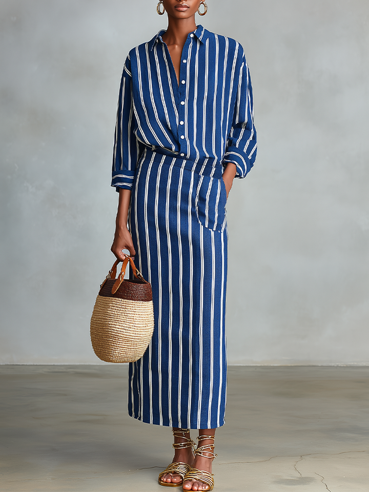 Women's Royal Blue White Stripe Cotton-Blend Co-Ord With Button Front Blouse & Elastic Waist Straight Maxi Skirt, Effortless-Chic Summer Daily Outfit MDZ2304F8LYL