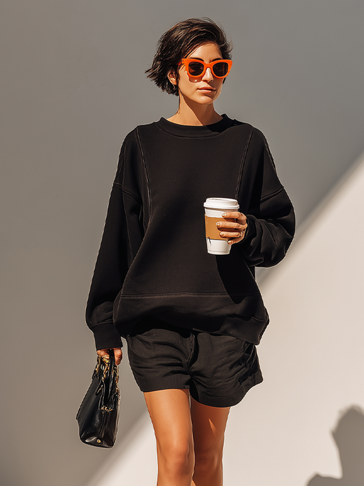 Women's Solid Black Cotton Fabric Co-Ord With Long Sleeve Loose Sweat Top & Relaxed Fit Casual Shorts, Modern Effortless-Chic Daily Athleisure Outfit MDZ2630F7LYL