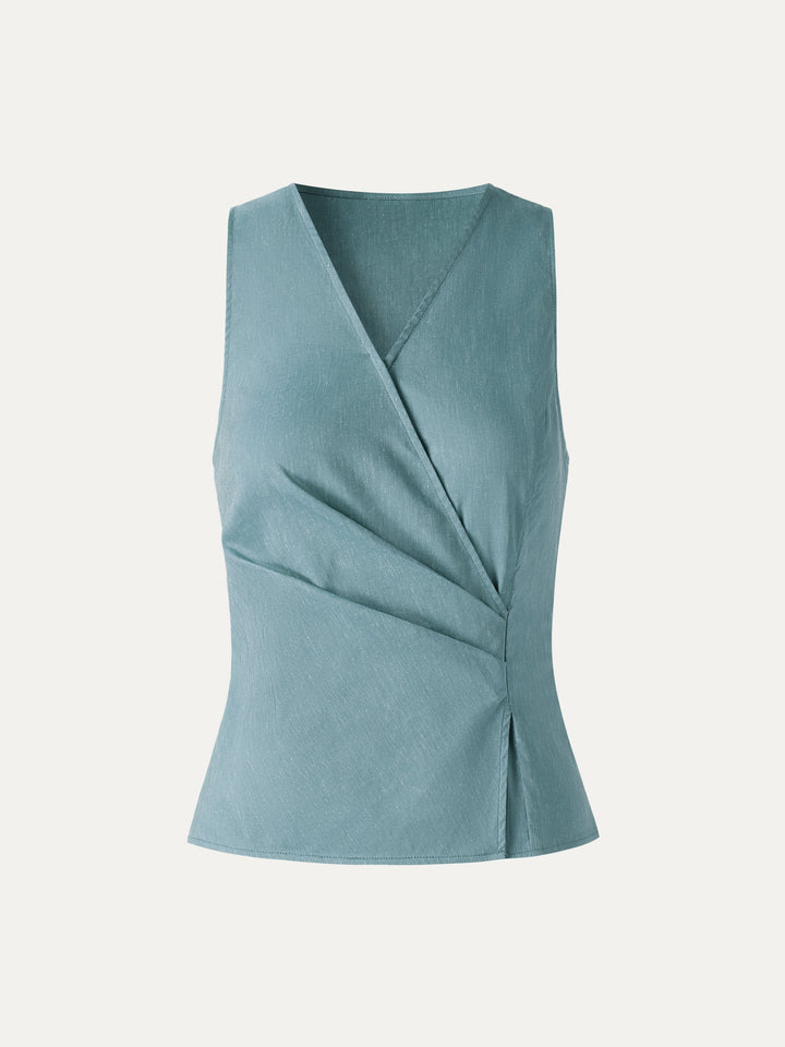 Linen Blend Surplice Top with Side Twist