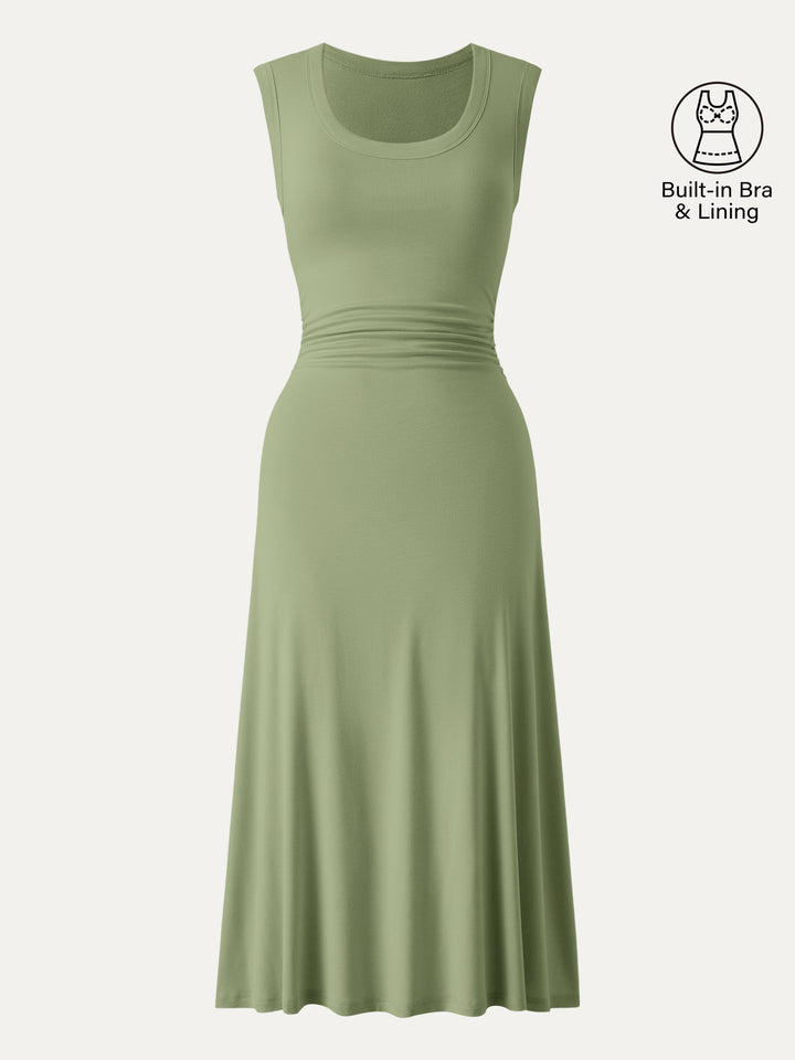Scoop Neck Side Ruched New Airy Bra Midi Dress