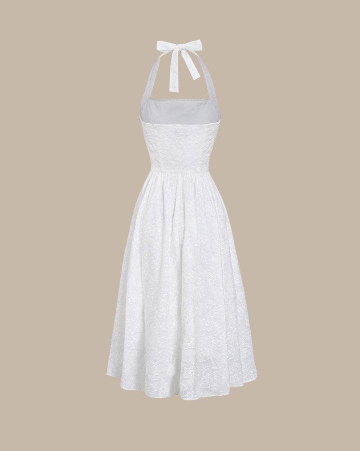 White Embroidery Halter Midi Dress