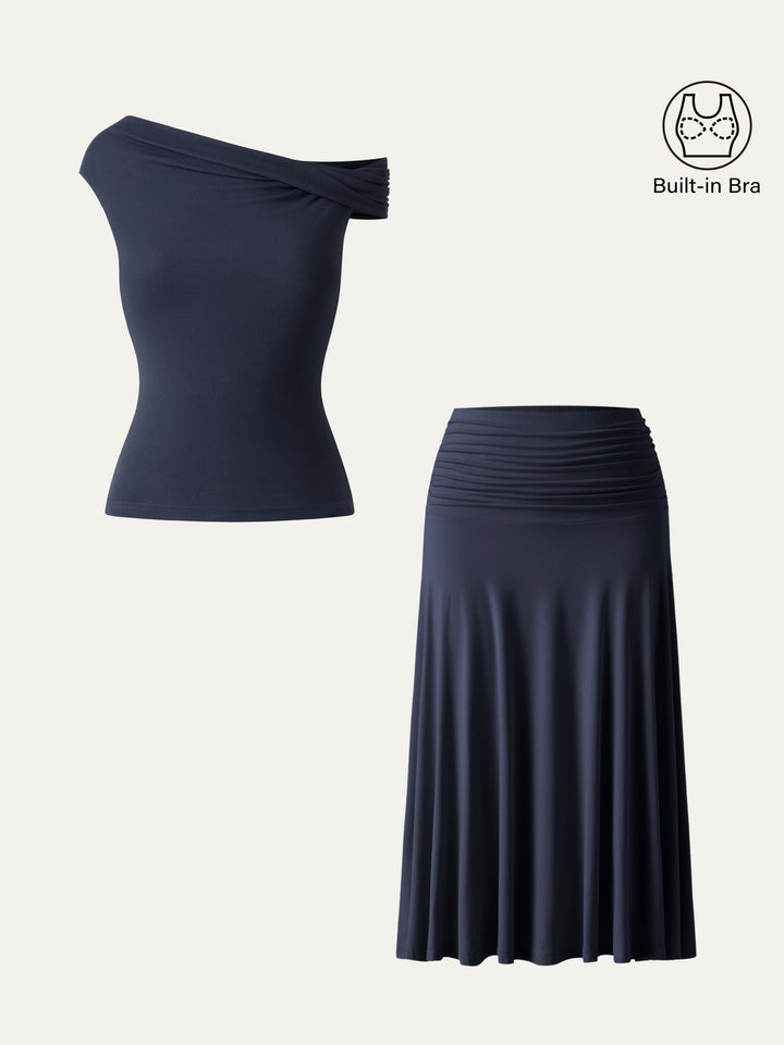 2Pcs Set Multi-wear Bra Top & Side Ruched A-line Midi Skirt