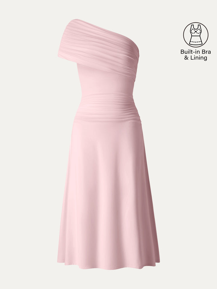 Not-See-Thru One Shoulder Gathered Midi Bra Dress