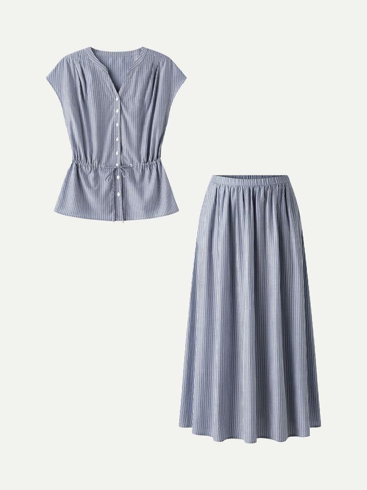 2Pcs Set Drawstring Waist Poplin Shirt & High Rise Midi Skirt with Pockets