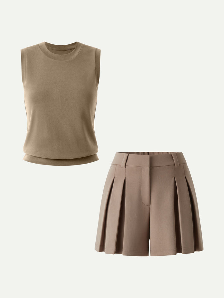 2Pcs Set Crew Neck Top & High Rise A-Line Pleated Shorts