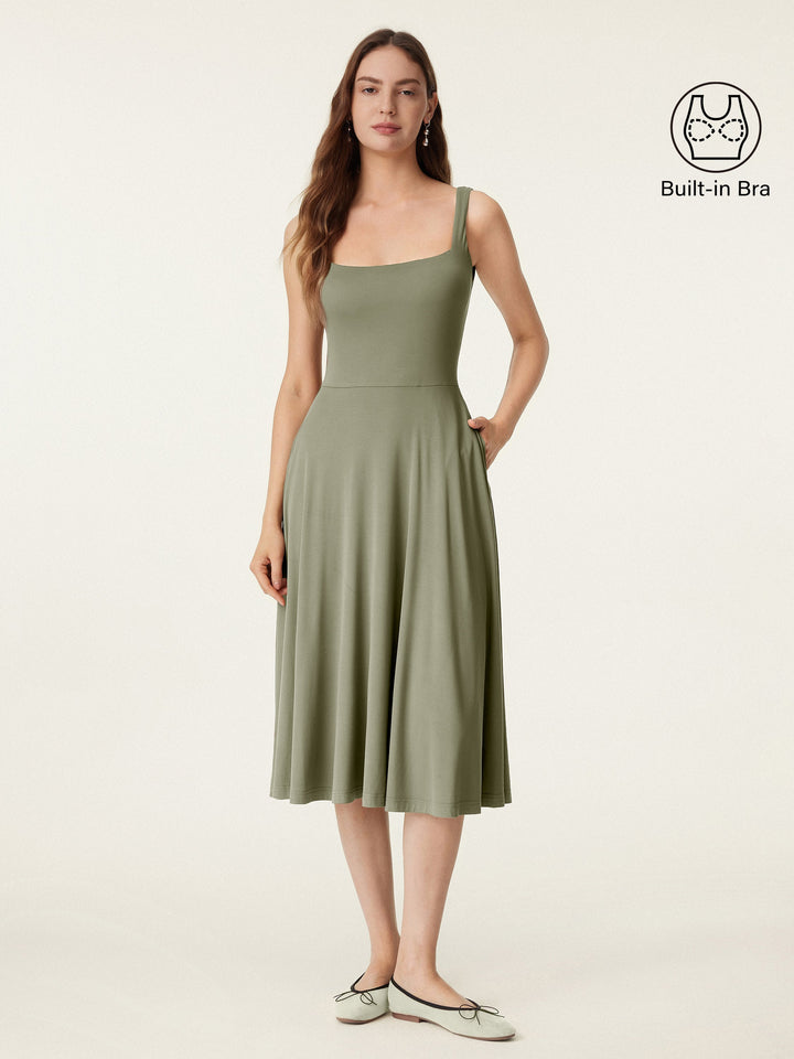 Square Neck Flowy New Airy Bra Midi Dress