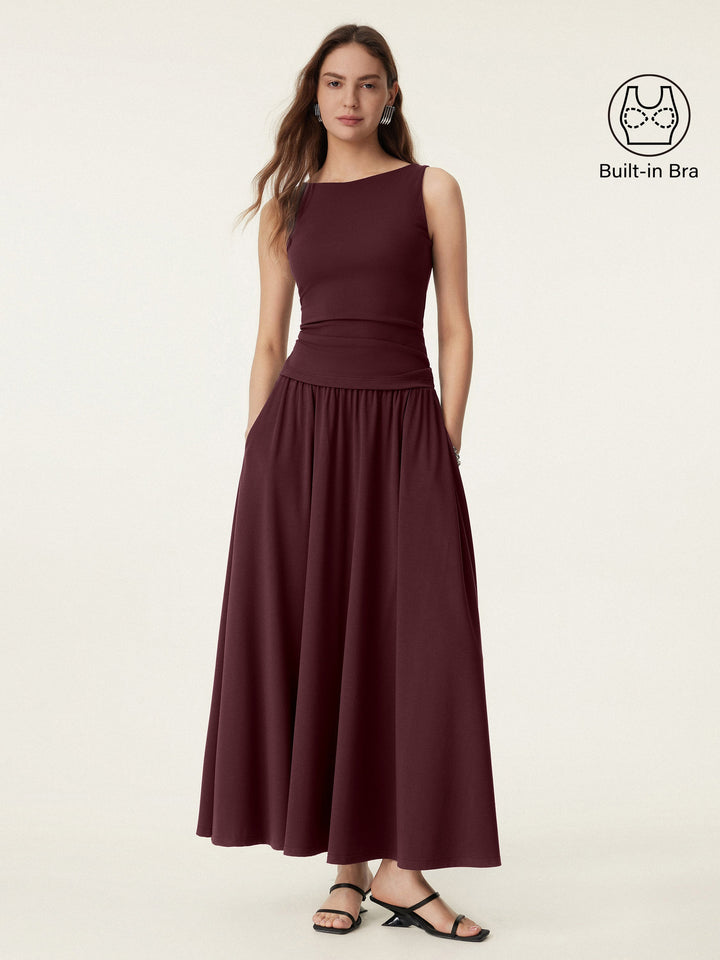 2Pcs Set Stretch Cotton Boatneck Bra Tank & Maxi Umbrella Skirt with Pockets