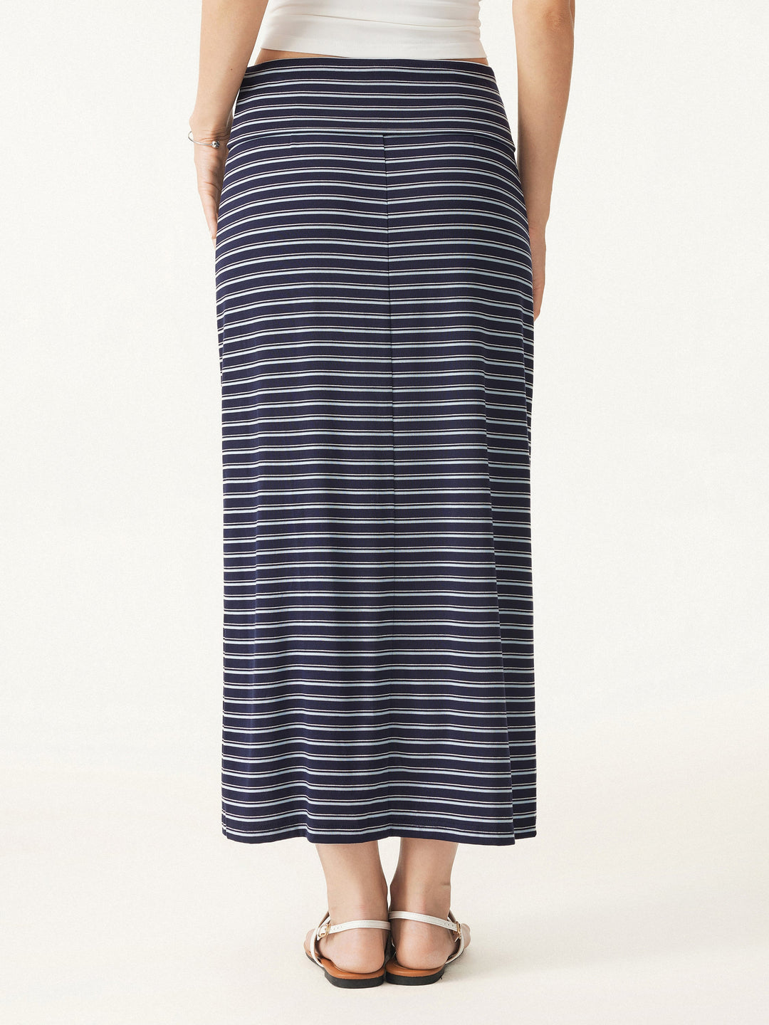 Low Rise Folded Waist Striped Midi Skirt