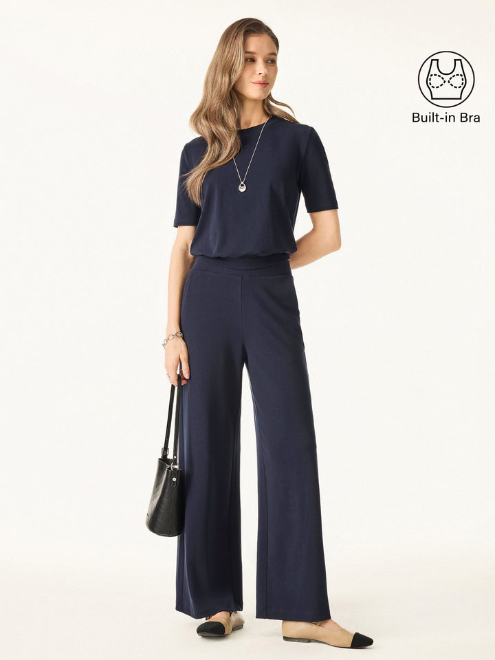 2Pcs Set Petite Wide Leg Pant with Pockets & Crewneck Bra Top