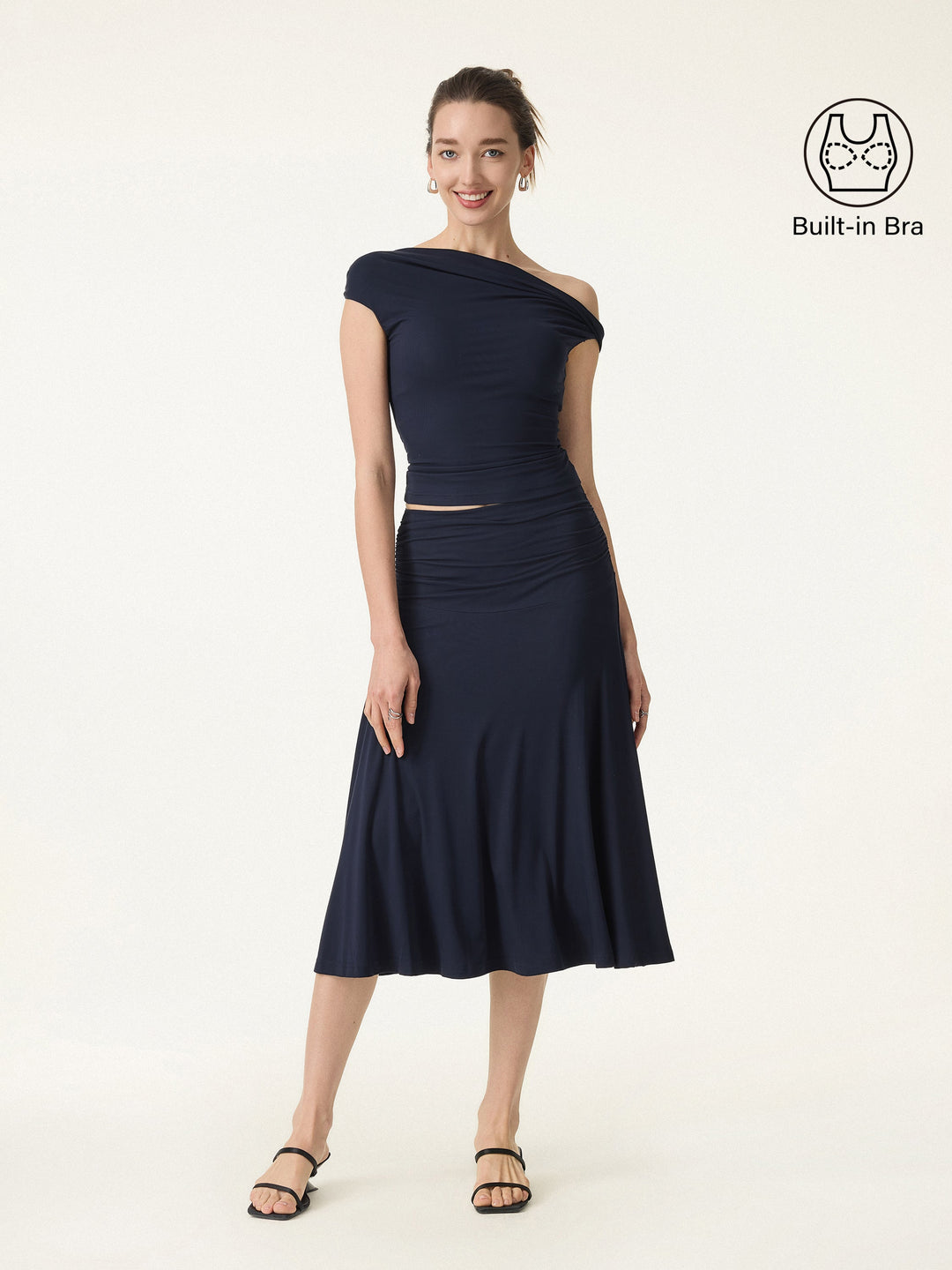 2Pcs Set Multi-wear Bra Top & Side Ruched A-line Midi Skirt