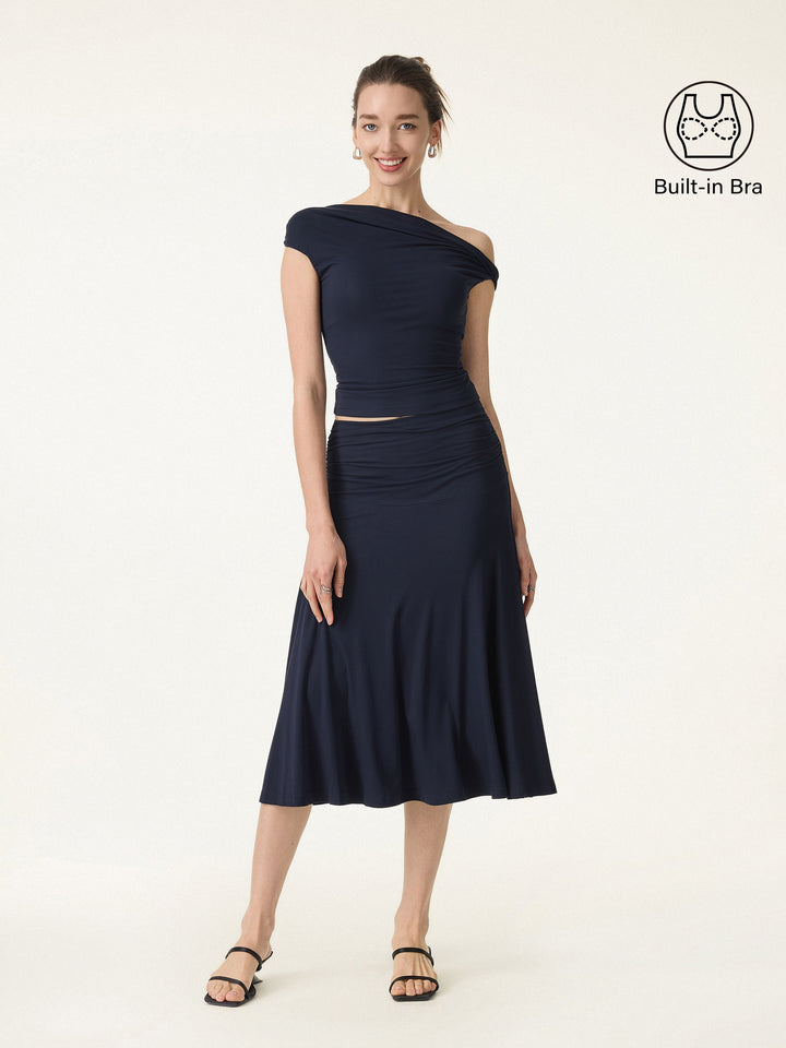 2Pcs Set Multi-wear Bra Top & Side Ruched A-line Midi Skirt