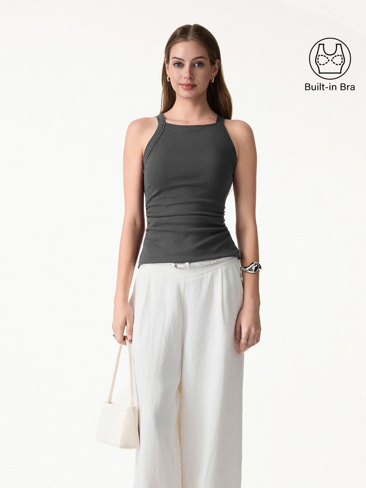 Square Neck Ruched Rib Bra Tank