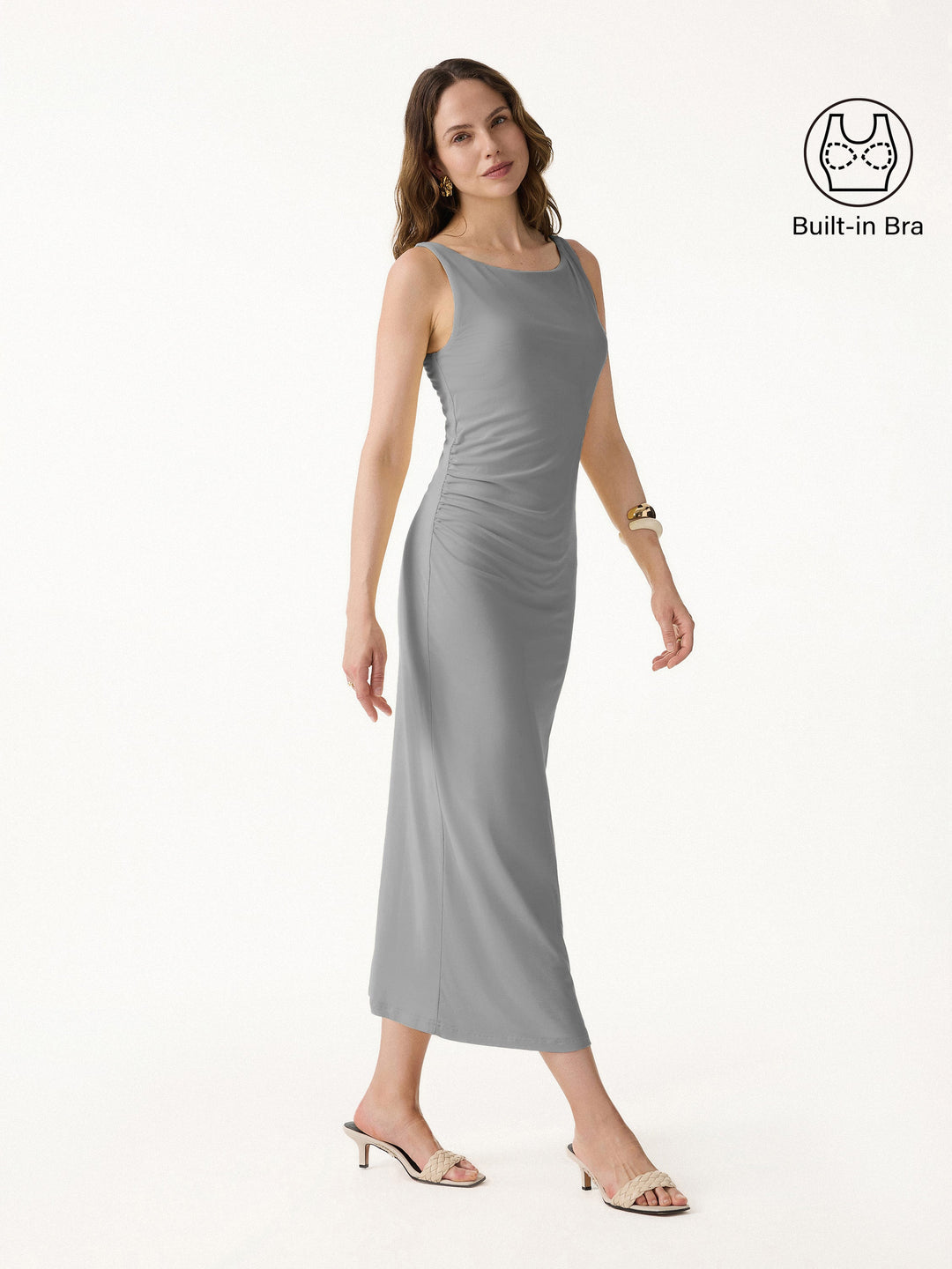 Matte Smooth Boatneck Ruched Midi Bra Dress