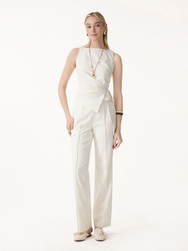 2Pcs Set Boatneck Waist-Defined Top & Pintuck Wide Leg Pant