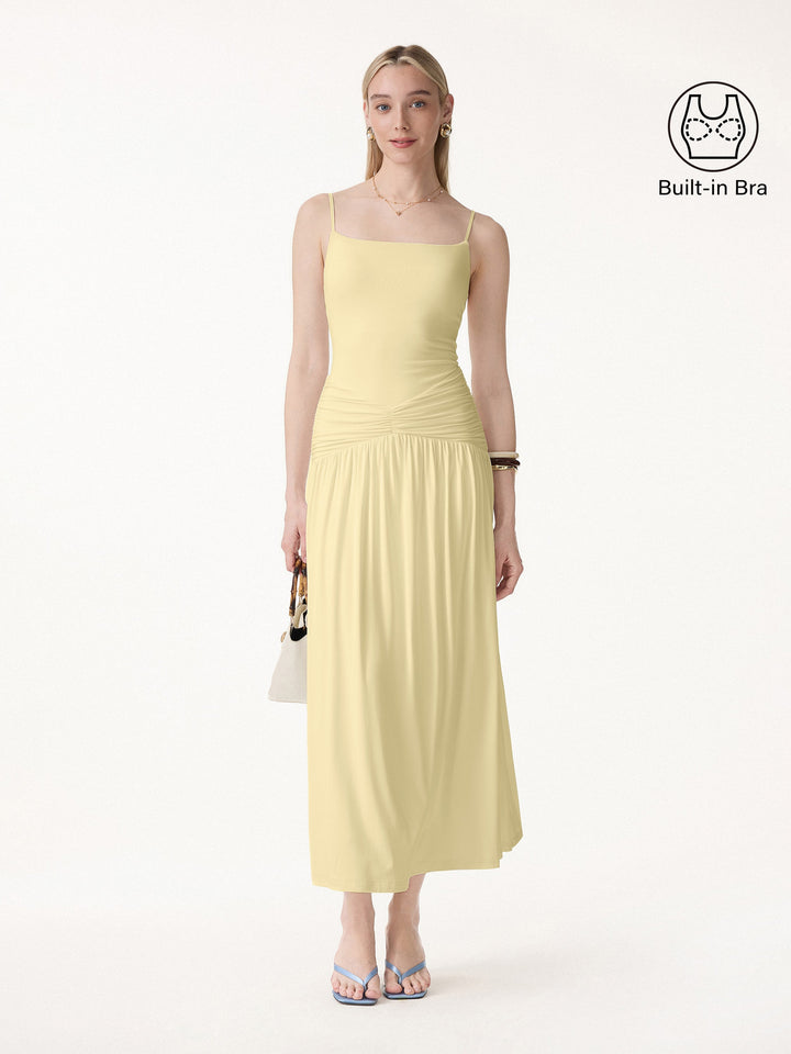 Not-See-Thru Spaghetti Gathered Maxi Bra Dress