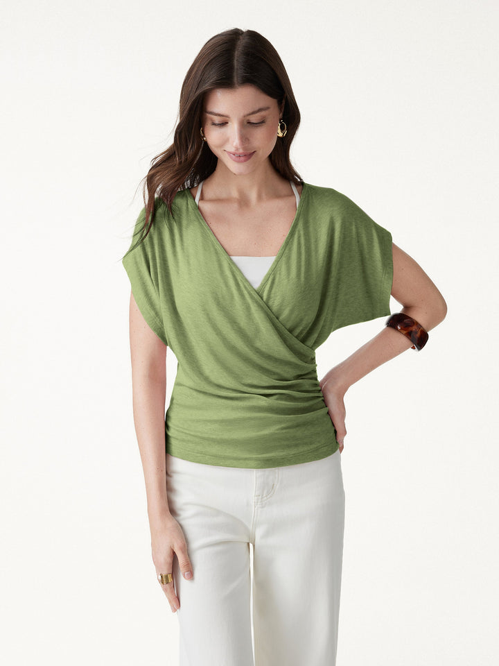 Summer Lyocell Wool Suprlice Ruched Short Sleeve Top