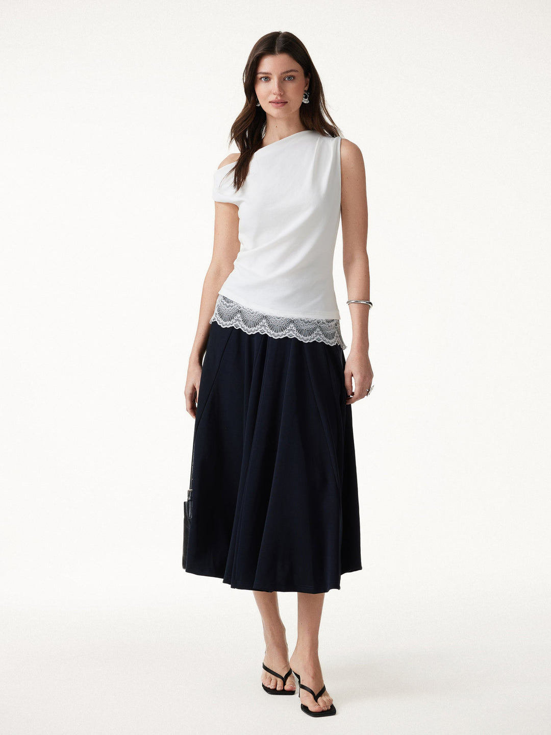 Lace Trim Cotton Lyocell Asymmetrical Shoulder Top