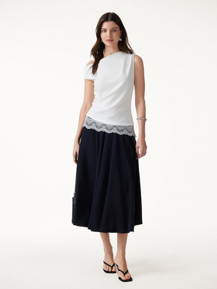 Lace Trim Cotton Lyocell Asymmetrical Shoulder Top