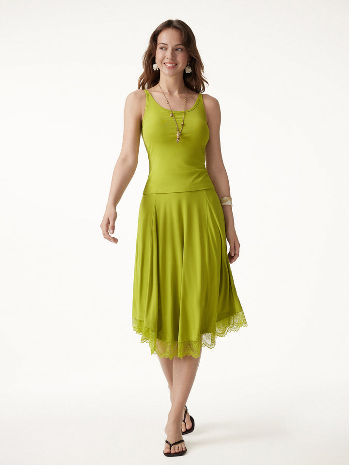 2Pcs Set Scoop Neck Bra Top & Lace Trim Midi Circle Flare Skirt