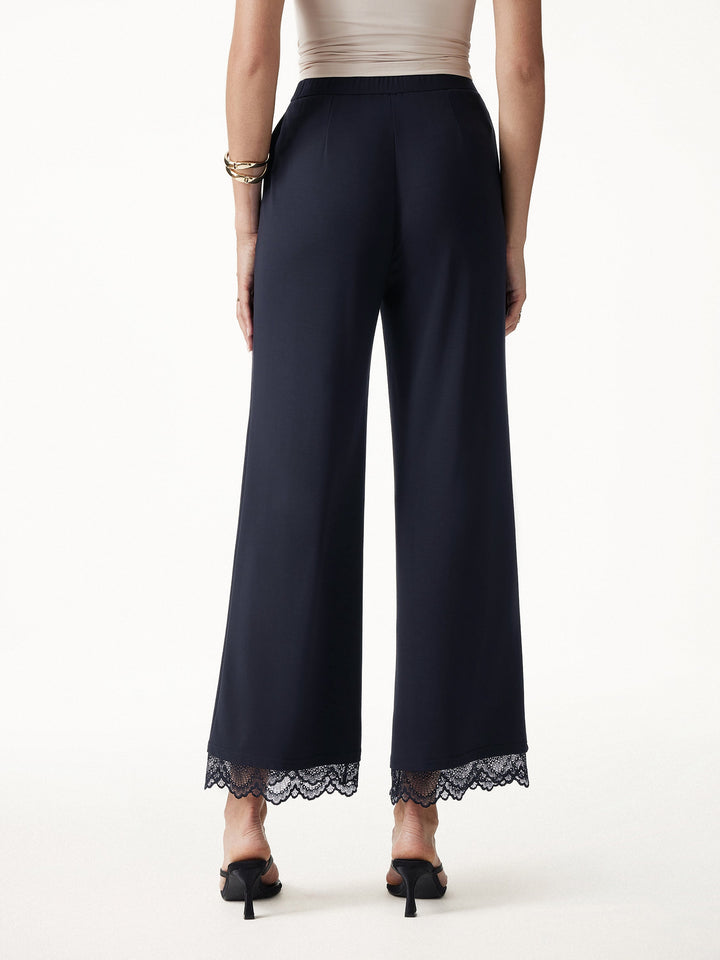 Lace Trim Draped Mid Rise Wide Leg Pants with Pockets