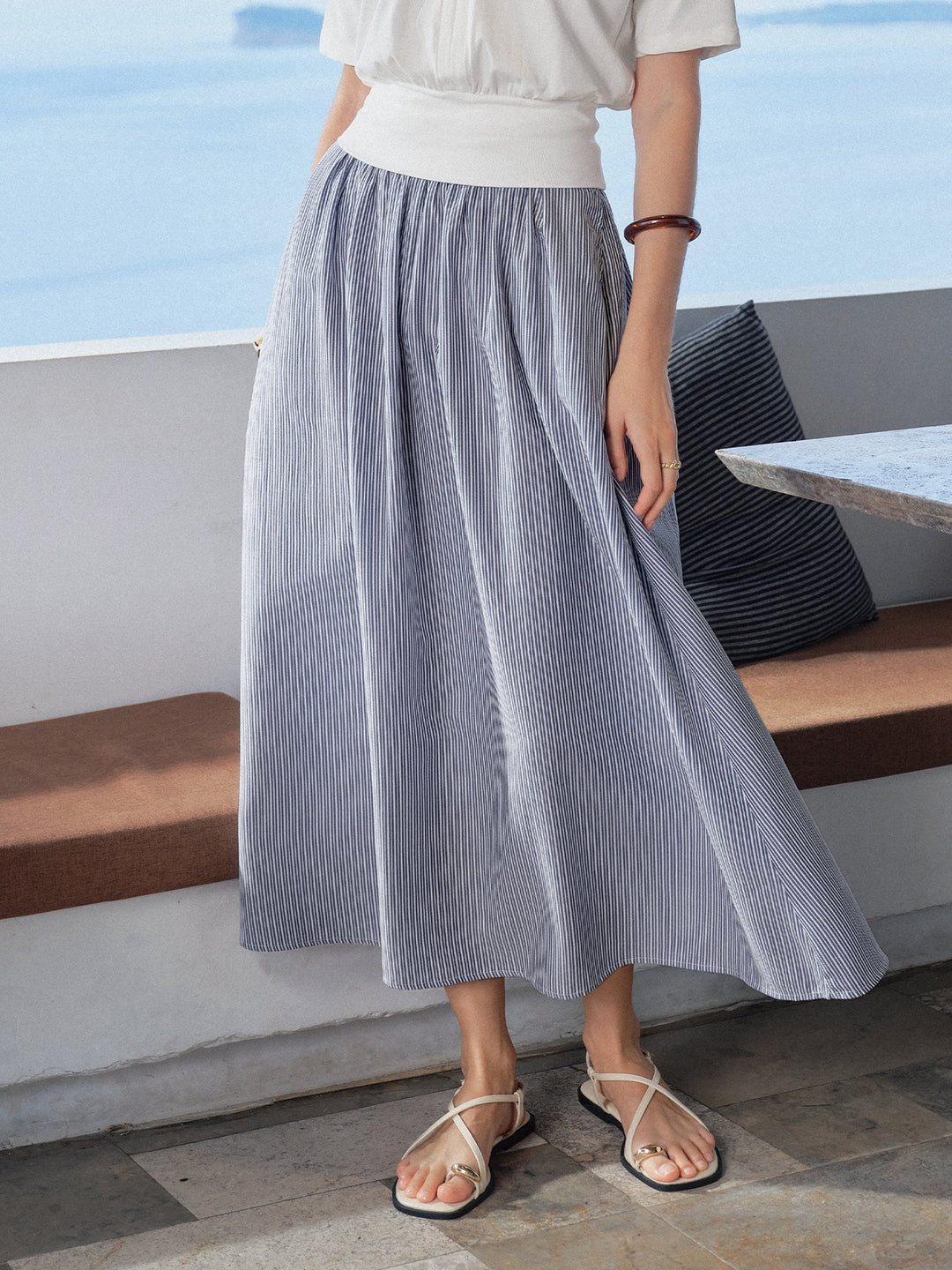 Striped Poplin High Rise Umbrella Midi Skirt with Pockets