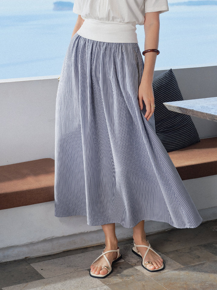 Striped Poplin High Rise Umbrella Midi Skirt with Pockets