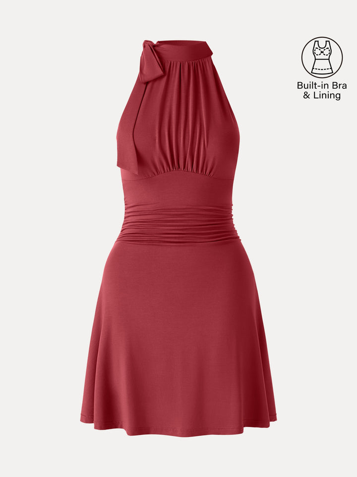 Milky Matte Mockneck Bow Tie Ruched Mini Bra Dress