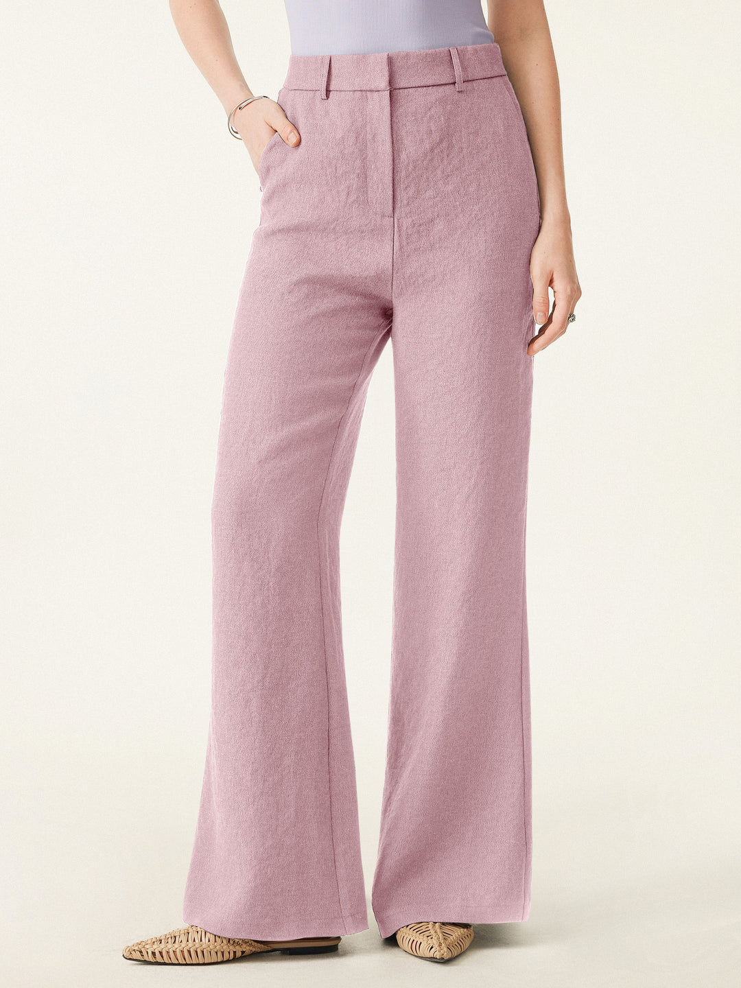 European Linen-Like Mid Rise Flared Pant with Pockets