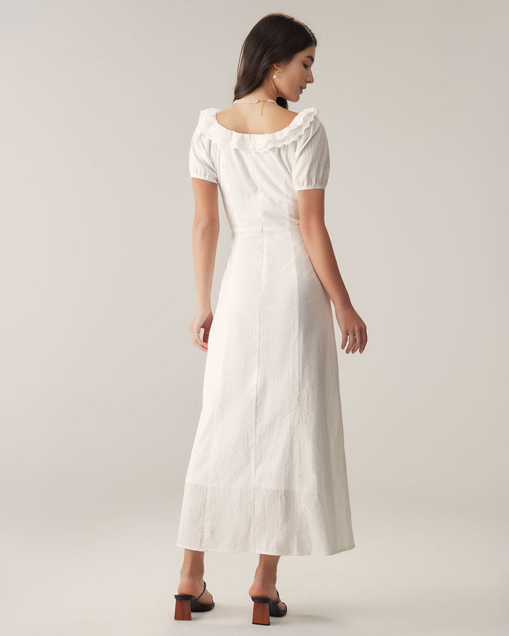 White Embroidery Puffed Sleeve Maxi Dress