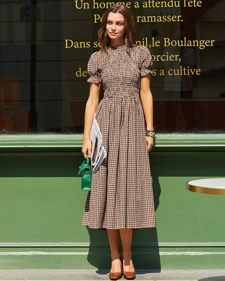 Coffee Plaid Shirred Puffed Sleeve Midi Dress