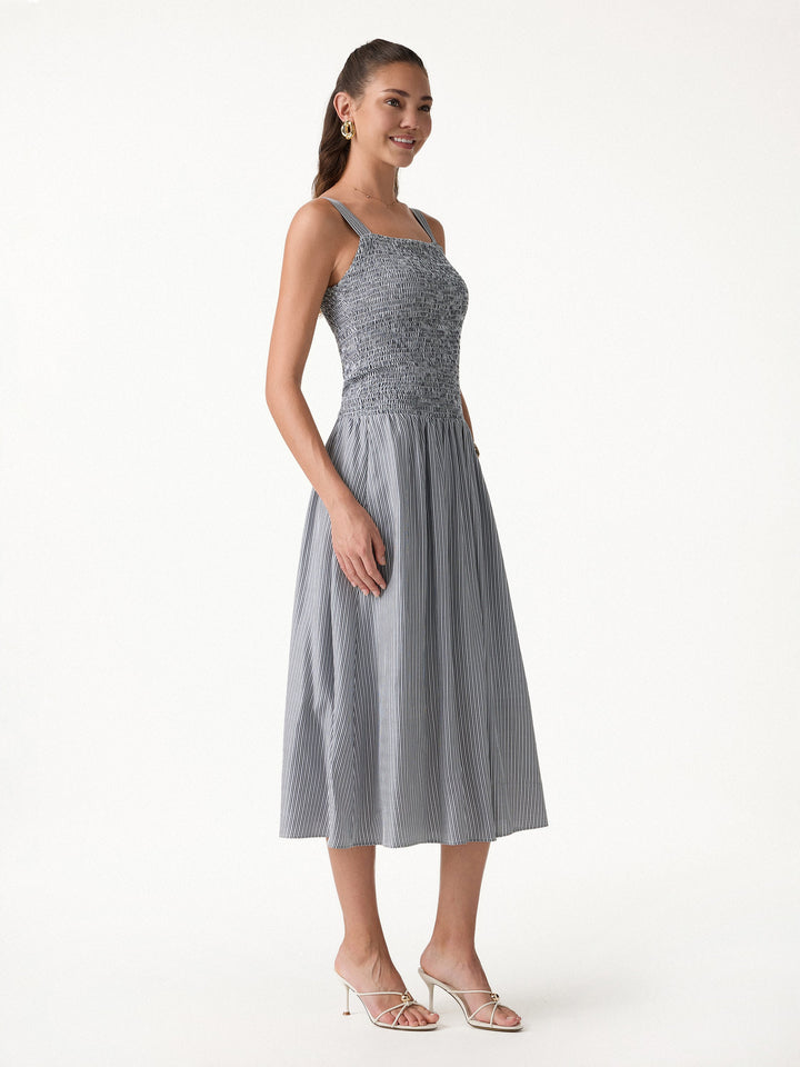 Striped Poplin Square Neck Smocked Midi Bra Dress