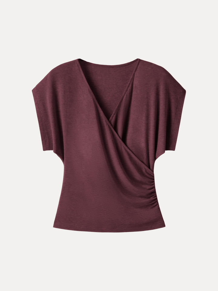 Summer Lyocell Wool Suprlice Ruched Short Sleeve Top