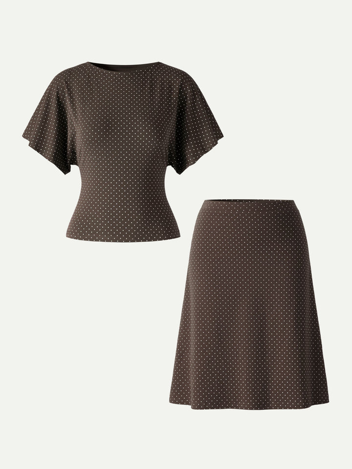 2Pcs Set Boatneck Flutter Sleeves Polka Dot Top & A-Line Flare Skirt Limited Edition